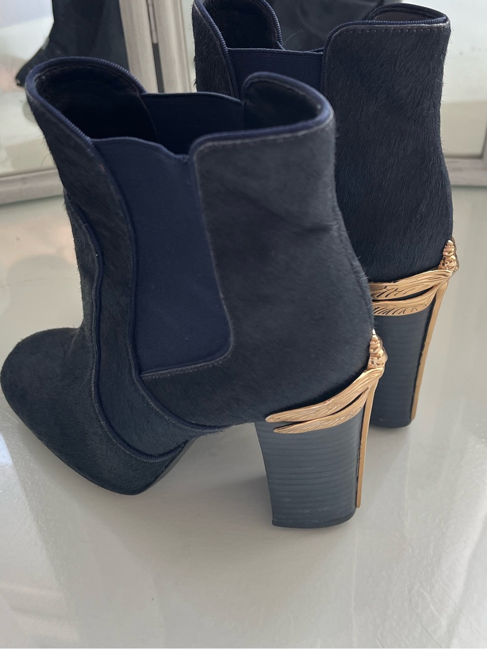 Tory Burch navy Pony-Hair Ankle Boots with Gold Dragonfly Heels - Picture 3 of 6
